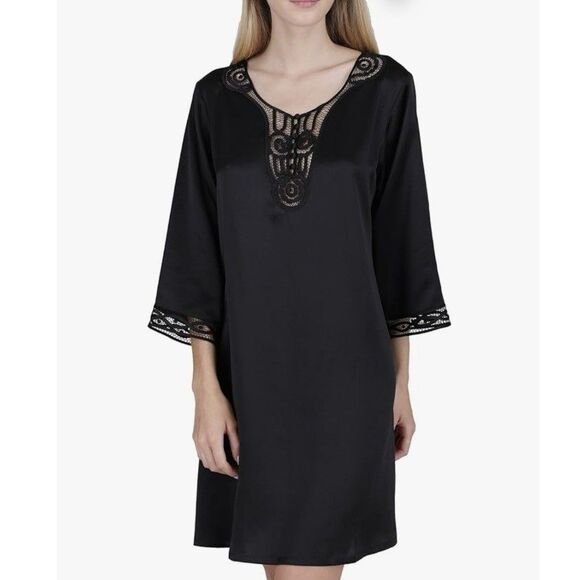 Oscar Rossa Luxury Silk Quarter Sleeve Hand Crochet Sleep Dress Large Minimalist - Picture 1 of 7